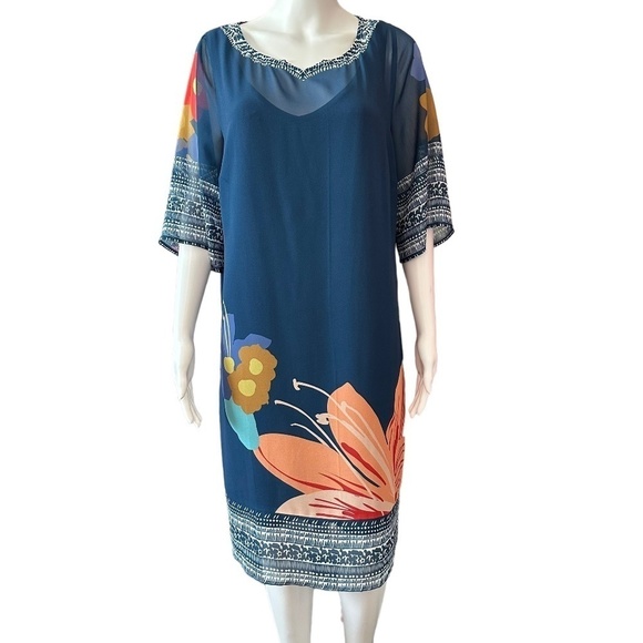 Soft Surroundings Dress Womens Size M Hibiscus Sheer lined Pockets Boho Coastal - Picture 1 of 15